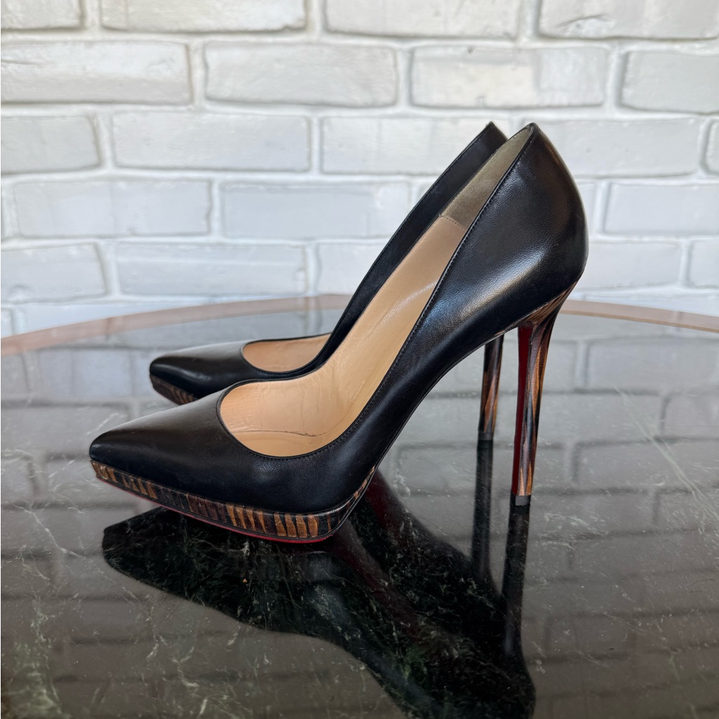 Christian Louboutin Classic Black Leather Pump With Wooden Design Heel